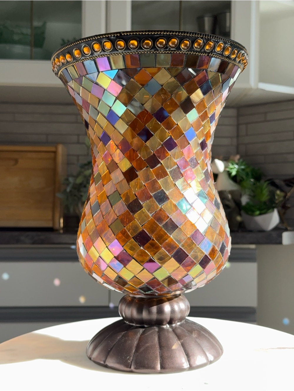 PARTYLITE Amber Mosaic Glass Hurricane Vase Candle Holder